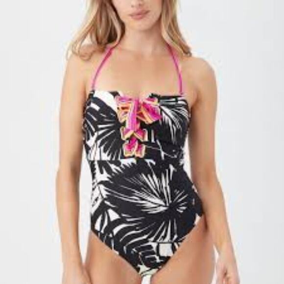TRINA TURK LENNOX BANDEAU LACE UP BLACK WHITE PINK WOMEN ONE PIECE SIZE 6 NWT - Picture 1 of 10